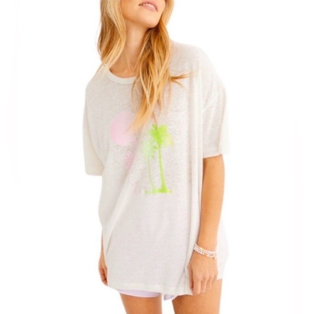 Aerie Breezy Boyfriend White Palm Tree T-Shirt Linen blend Neon Womens Med NWT - Picture 2 of 12